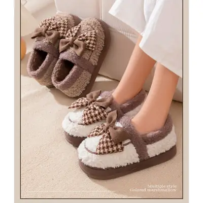 Women Winter Furry Slippers Brown Bow Non-Slip