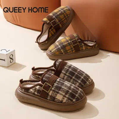 Women Winter Fleece Lined Slippers Brown Plaid
