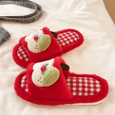 Furry Slippers for Women in Autumn and Winter, Cute Apple Student Dormitory Home Non-Slip Warm One-Word Cotton Slippers