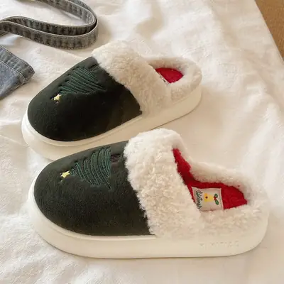 Christmas Tree Furry Slippers Women Winter Warm Cotton Indoor