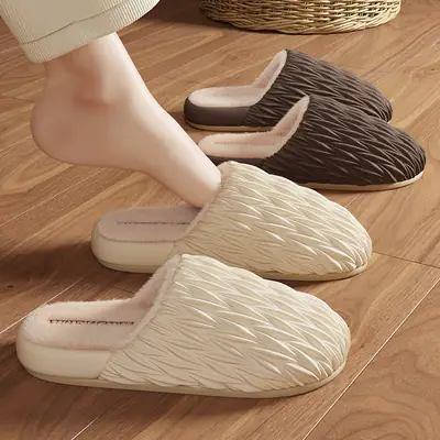 Pink Pleated Cotton Slippers for Women Winter Indoor Warm Waterproof