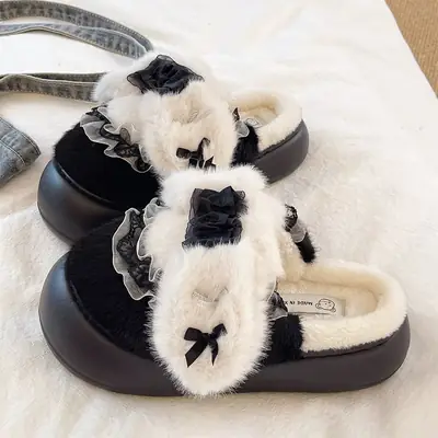 Cute Lace Bow Toe Cotton Slippers for Women in Winter Fleece-Lined to Keep Warm at Home and Outside Non-Slip Furry Slippers