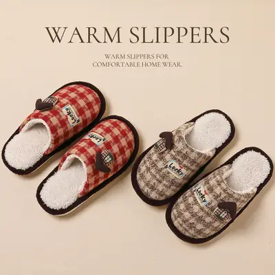 Women Cotton Warm Slippers Red Plaid Winter Indoor