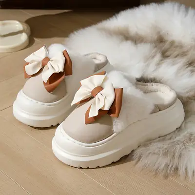 Women's Black Bow Winter Slipper with Thick Sole