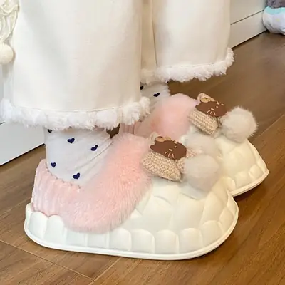 Baby Soft Fluffy Slippers Blue White Warm Detachable