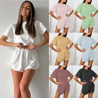 Russian Women's Pajamas Cut Out Breathable Sexy Short-Sleeved Shorts Slit Home Clothes Two Pieces Пижама