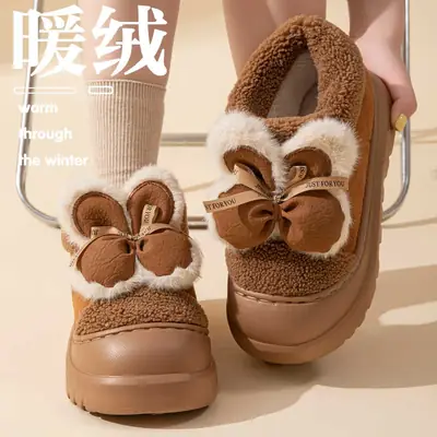 Women Cotton Bow Slippers Winter Warm Non-Slip