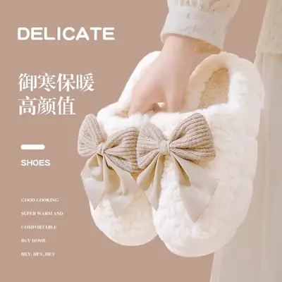 Bow Cotton Slippers Women Autumn Winter Warm Anti-Slip