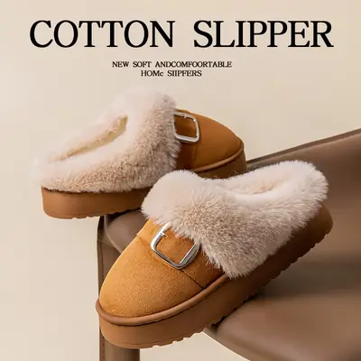 Winter New Thick-Soled Cotton Slippers for Women Indoor Home Retro Belt Buckle Fleece-Lined Warm Outer Wear Furry Slippers