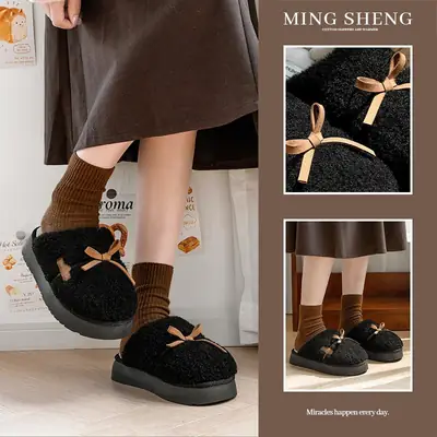 Ming Sheng Black Faux Fur Bow Slippers Winter Comfort