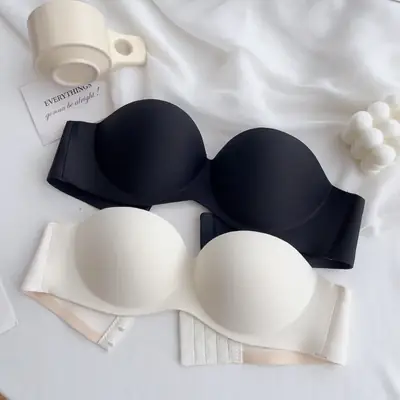 Summer Nylon Simple Casual Strapless Seamless Bra with Beautiful Back Design, Wireless Thin Molded Cup Lingerie Bra