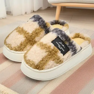 Women Cotton Plaid Winter Slippers Warm Indoor