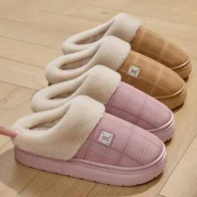 Women Plaid Warm Slippers Winter Home