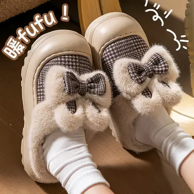 Women Winter Bow Slippers Thick Soft Fleece Lined