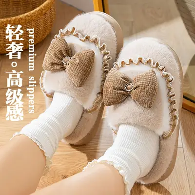 Women Cotton Bow Slippers Winter Warm Indoor