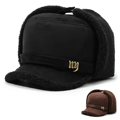 Men's Winter Warm Ear Protection Hat Black with Embroidery