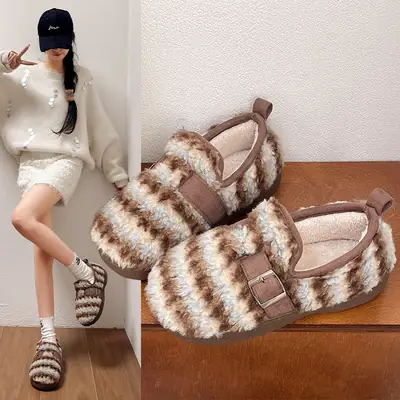 Nanbowan Plaid Versatile Retro Comfortable Autumn and Winter New Warm Contrasting Color Birkenstock Shoes Women's Flats Shoes Cotton Slippers