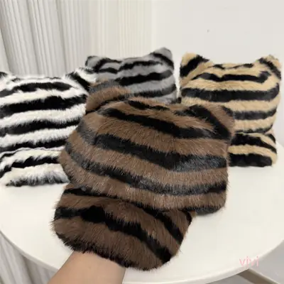 Winter Plush Duckbill Cap for Women Black Striped