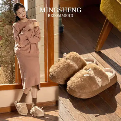 2025 Winter Bow Plush Cotton Slippers Warm Home Indoor