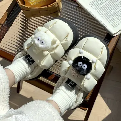Women Winter Cartoon Cotton Slippers White Non-Slip
