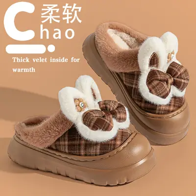 Cute Plaid Fur Slippers for Women Winter Indoor