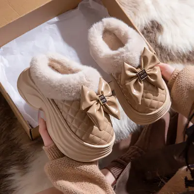 Women's Bow Slippers Warm Snow Wear Brown Thick Sole