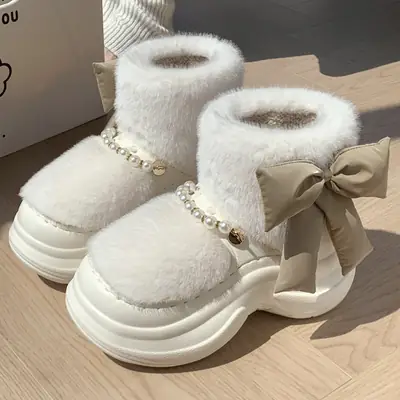Bow High-Top Cotton Slippers for Women Winter New 2025 Non-Slip Comfortable Warm Girls Snow Thickened Outer Wear