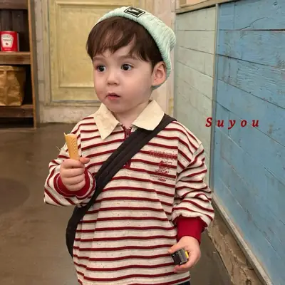 2025 Boys Korean Style Striped Polo T-Shirt Kids