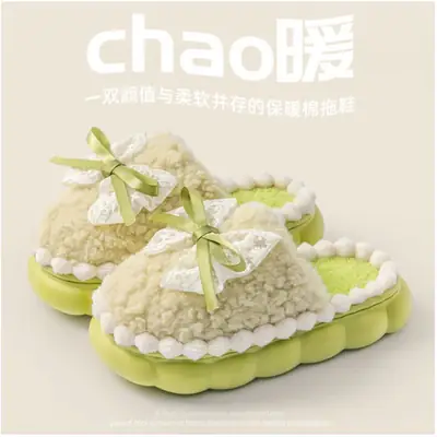 Women Bow Cotton Slipper Winter Warm Anti-Slip Green