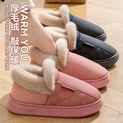 Winter Warm Cotton Slippers for Women with Plush Fur Heel