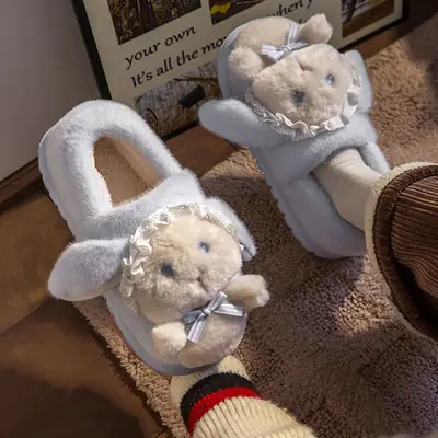 Winter Women's Pink Cartoon Rabbit Slippers Warm Plush