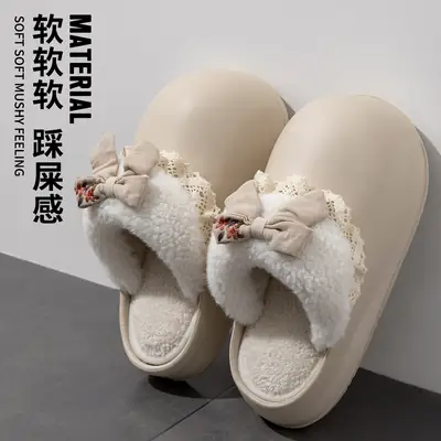 Women Bowknot Plush Slippers Autumn Winter Non-Slip