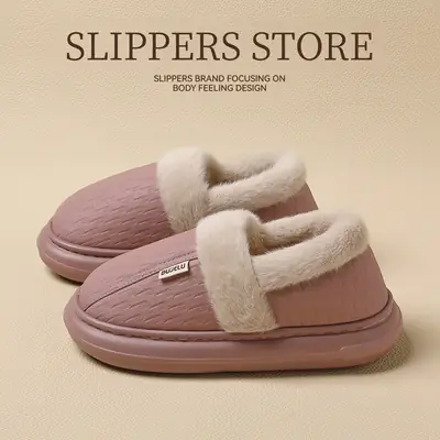 Pink Wool Faux Fur Slippers for Men Winter Comfort