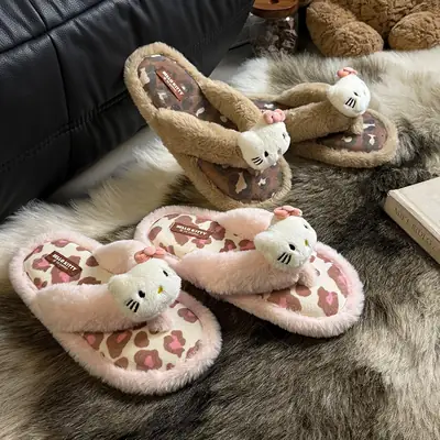 Thick-Soled Cotton Slippers for Women in Winter, Cute Kittens, Fleece-Lined, Warm, Non-Slip, Waterproof Slippers, Indoor and Home Flip-Flops