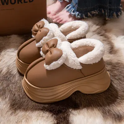 Cotton Slippers for Women in Autumn and Winter Home Non-Slip and Warm 2025 New Cute Plush Bow Bag Heel Cotton Slippers