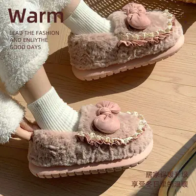 Women Furry Bow Slippers Warm Winter Indoor