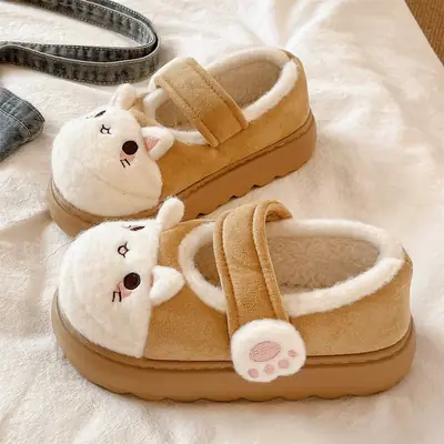 Cute Little Rabbit Velcro Cotton Slippers for Women in Winter Indoor and Outdoor Wear Non-Slip Bag Heel Fleece-Lined Warm Confinement Cotton Shoes
