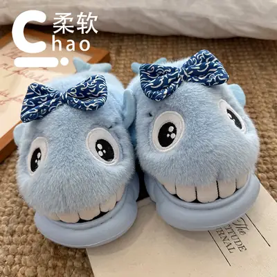 Blue Shark Bow Slippers for Women Warm Winter