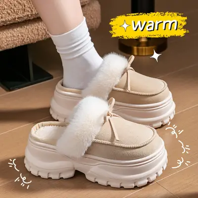 Women Fleece Bow Slippers Winter Warm Brown
