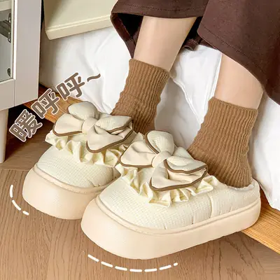 Women Winter Cotton Bow Slippers Cream Thick Soled