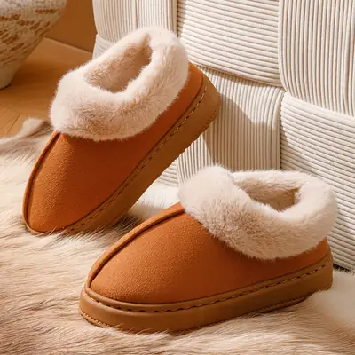 Women's Winter Outer Wear Thick-Soled Non-Slip Fashionable Versatile Warm Feet Plush Snow Cotton Slippers with Heel and Velvet Warm Cotton Slippers