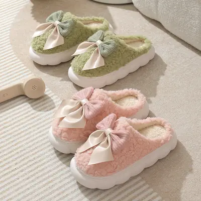 Winter Cotton Slippers with Sweet Bow Fleece Lining