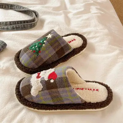 Cute Christmas Tree Furry Slippers Women Winter Fleece Lined Warm Indoor Non-Slip Toe Cotton Slippers