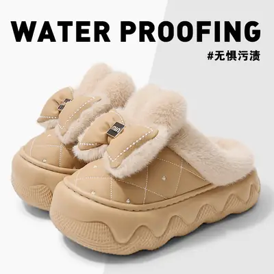 Winter Bow High-Top Cotton Slippers for Women