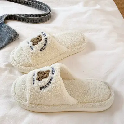 Cute Bear Fur Slippers for Women Winter Indoor Warm Cotton