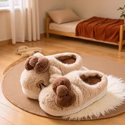 Women's Stuffed Cotton Slippers Red Bow Winter Warm