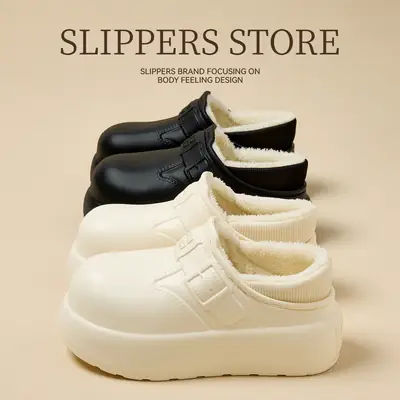 Waterproof Cotton Slippers for Women Indoor Home Household Stain-Resistant and Anti-Fouling Plush Ready-Made Wholesale Warm Bag and Cotton Slippers for Women