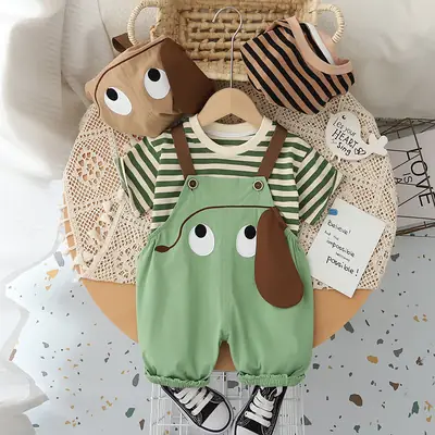 Boys Green Overalls Striped T-Shirt Split Suit 2025