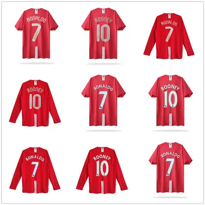 0708 Season Manchester United Football Jersey Long-Sleeved Home Number 7 Cristiano Ronaldo Number 10 Rooney Red Devils Retro Football Uniform Thai Version