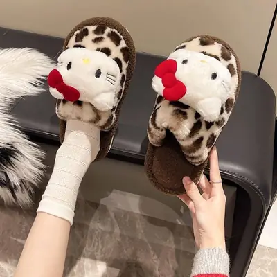 Fashionable and Cute Home Niche Furry Shoes for Women to Wear Outside 2025 Autumn and Winter New Cartoon Leopard Print Thick-Soled Toe-Toe Slippers